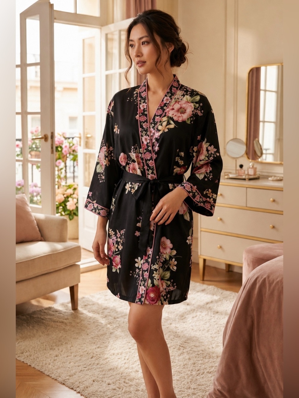 Oscar de la Renta Black Satin Kimono Robe with Pink Floral Print